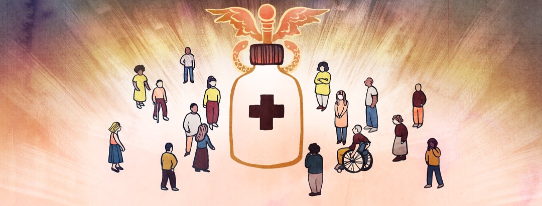 A diverse group of people surround a bottle of medicine, the focus of a new clinical trial with potentially promising benefits.