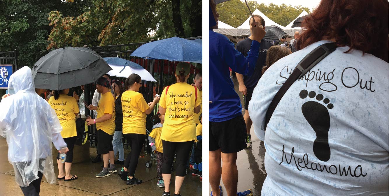 A group of people gathered under umbrellas with shirts supporting skin cancer awareness