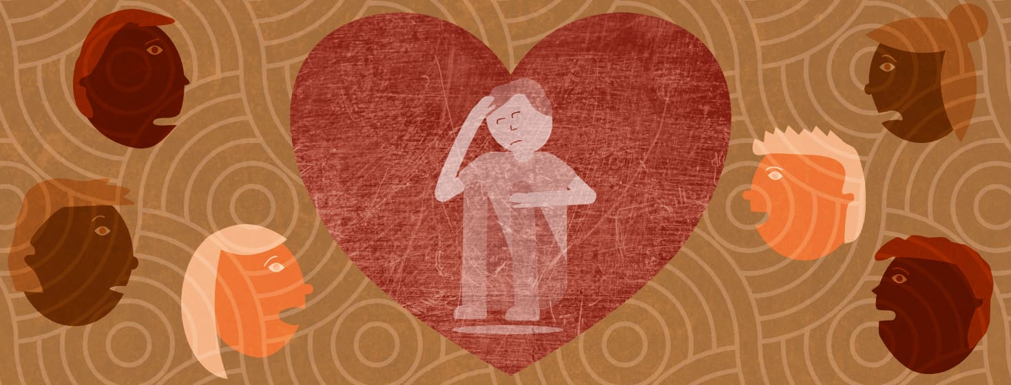 a man sits tiredly in the center of a heart, surrounded by talking heads