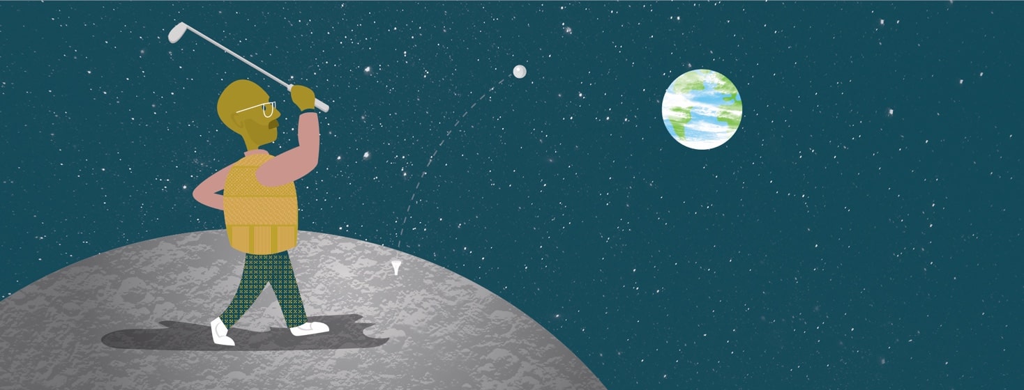 A man playing golf on the moon