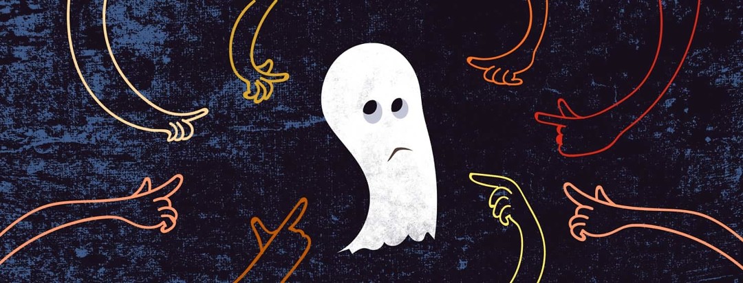 A sad ghost is pointed at by multicolored fingers