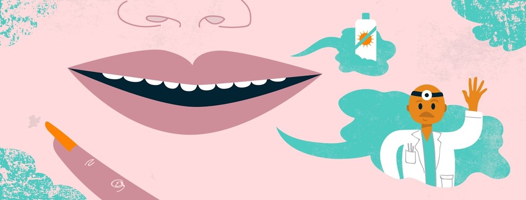 a woman's mouth with a finger pointing to a small spot below her lip. Speech bubbles show a doctor and sun screen.