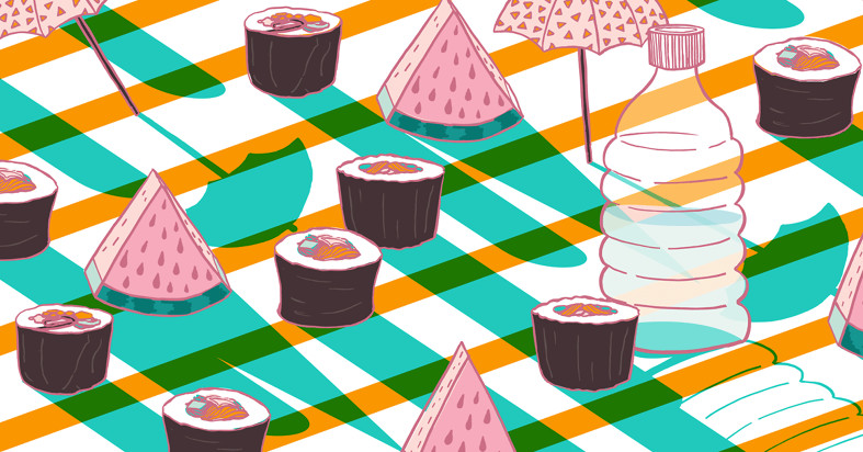 a landscape of sushi, watermelon, umbrellas and water bottles