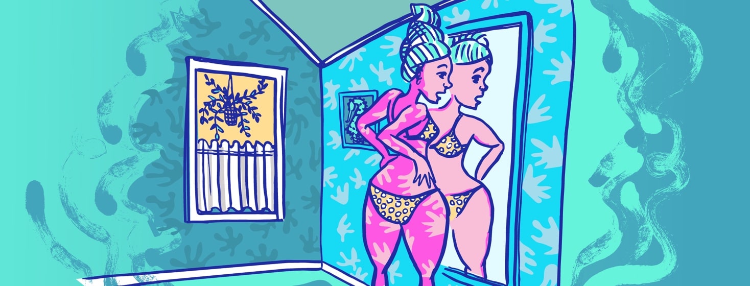 A woman looks in the mirror at her terrible sunburn