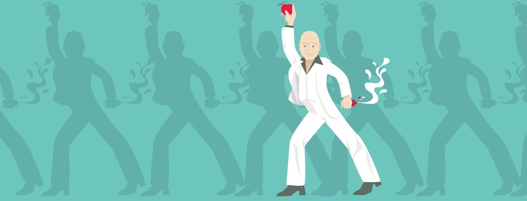 A bald man dances like John Travolta's "Staying Alive" while holding an apple and a bottle of sunscreen