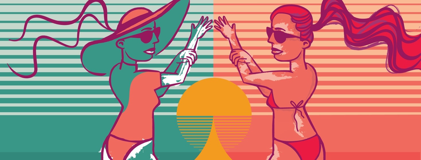 A woman wearing a hat and SPF clothing putting on sunblock is mirrored by a woman putting on tanning lotion in a tiny bikini