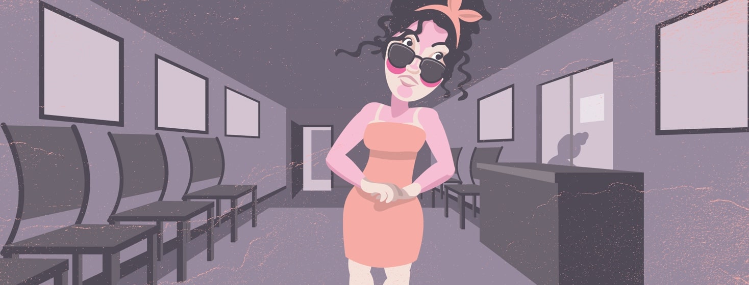 a woman walks into her dermatologist office with a sunburn and a guilty look on her face