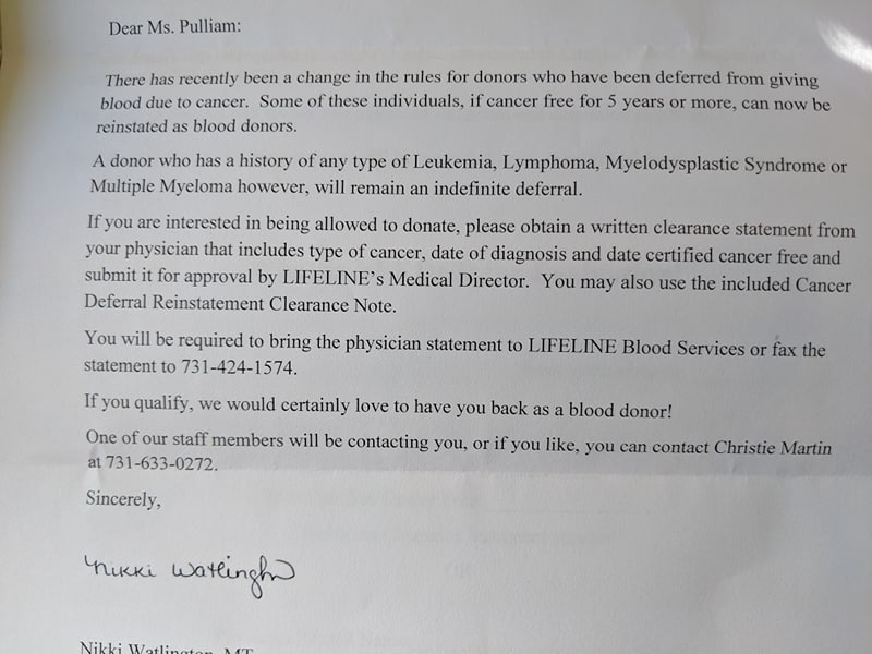 A letter stating that April can now donate blood again