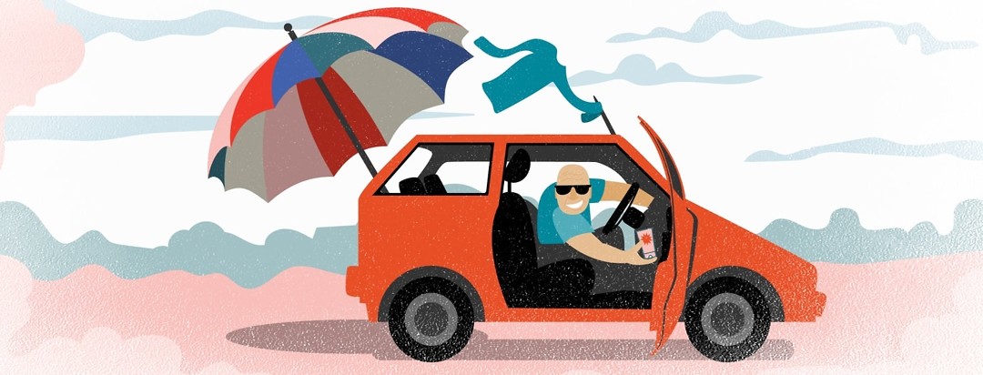 a man in a car holds up a bottle of sunscreen while a SPF shirt and an umbrella fall out of the back of the car