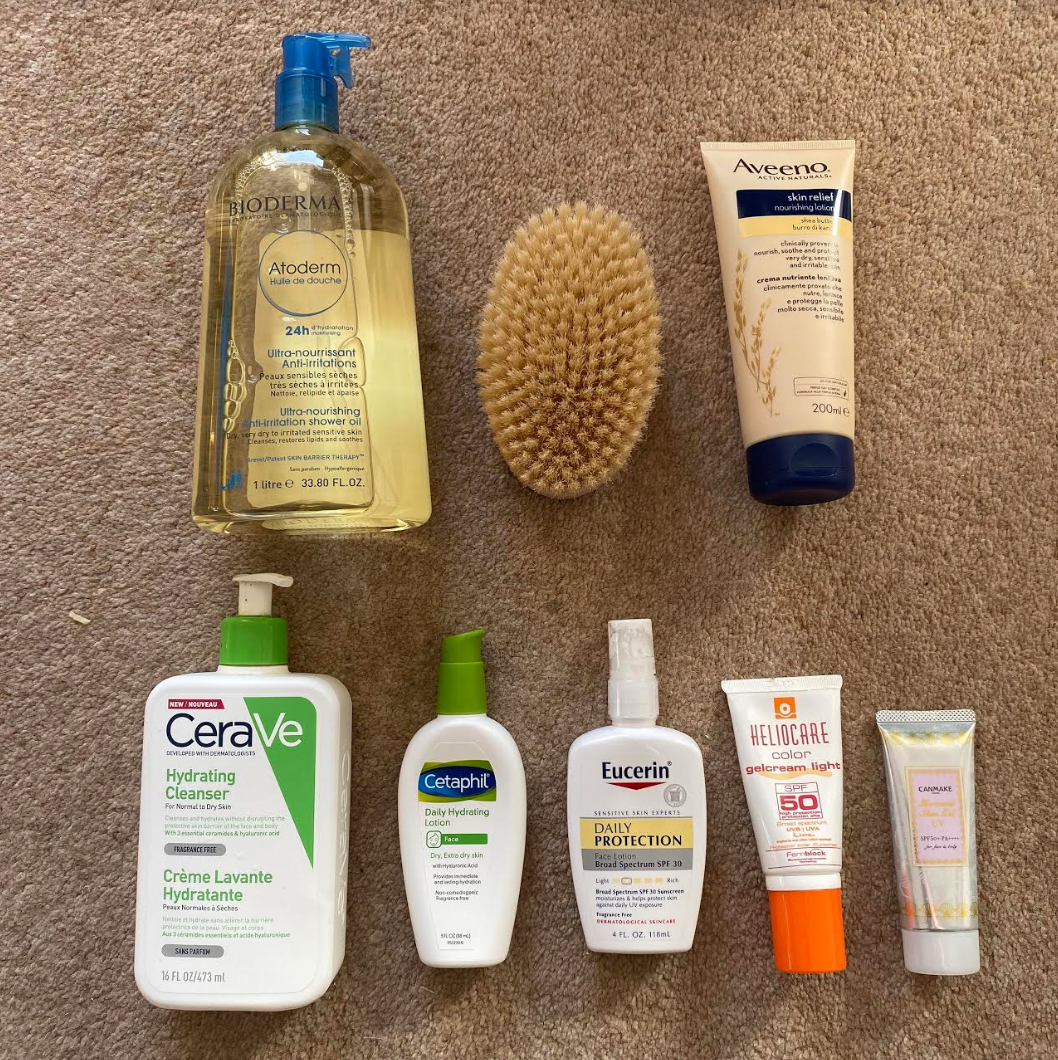 Shauna's skincare products laid on her carpet