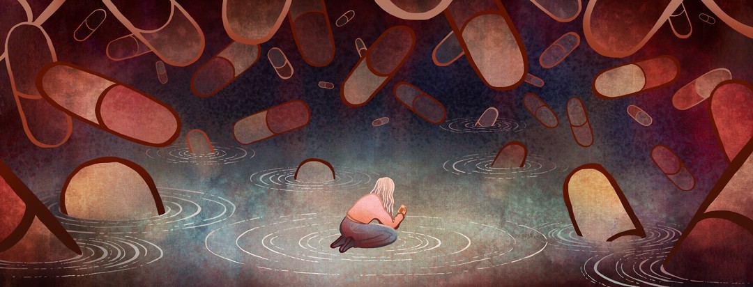 A woman kneels with a prescription bottle as countless pills fall into the vast dark sea around her.
