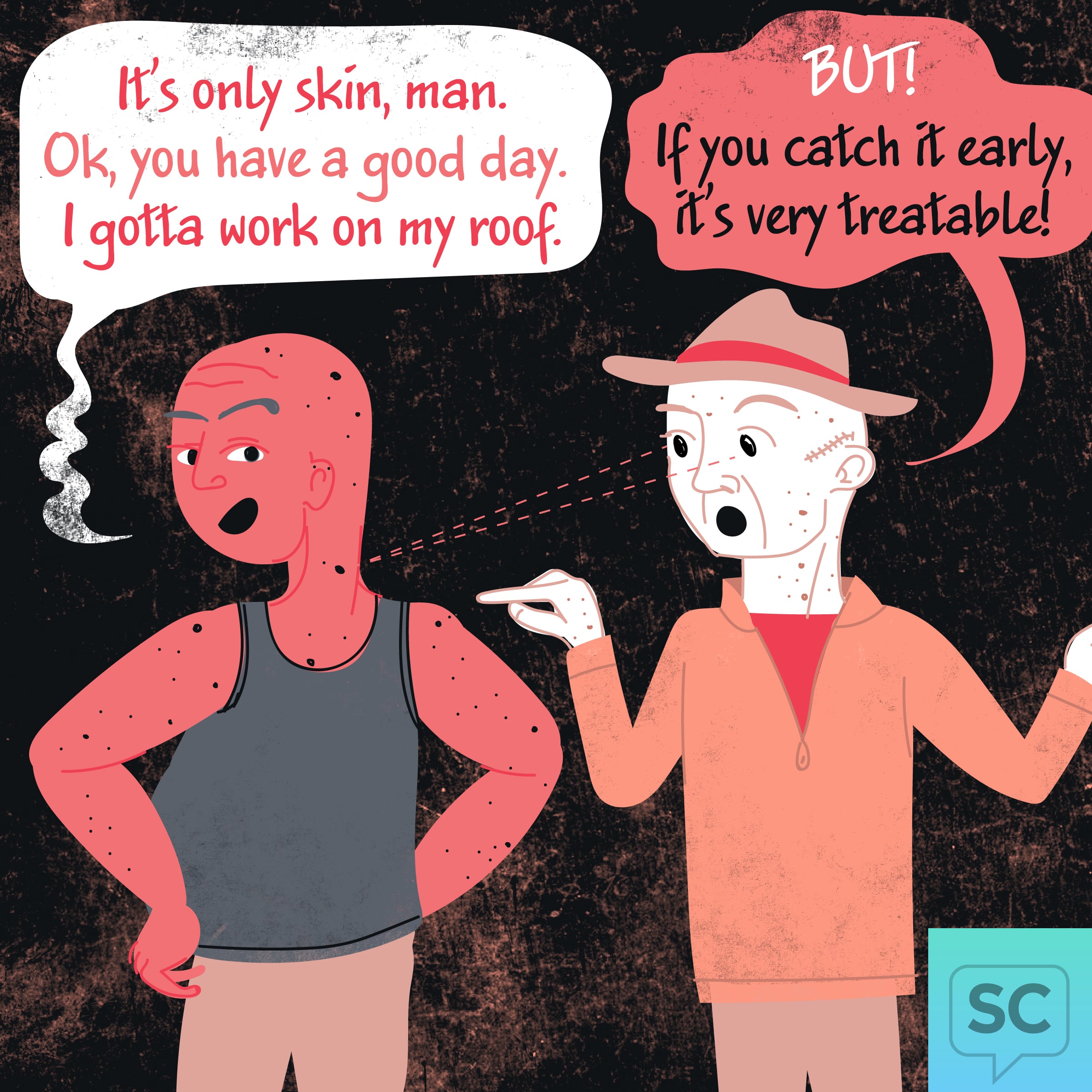 A man brushes off the advice of another about skin safety.