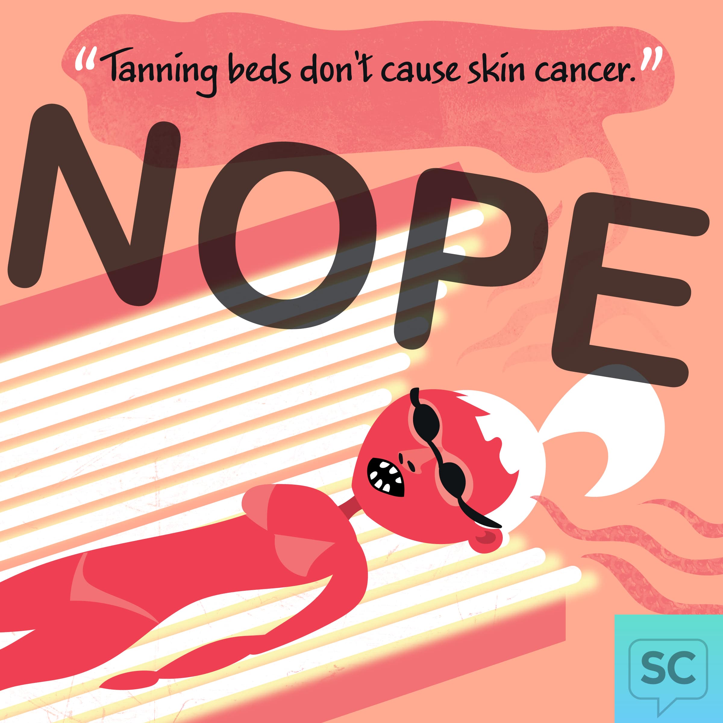 A woman with bright red skin says tanning beds do not cause skin cancer