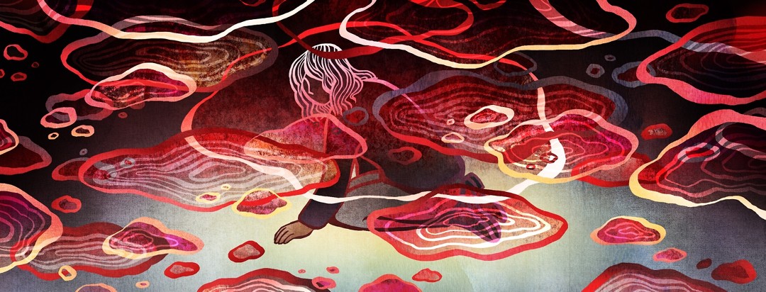 A woman crouches in despair, her face and body obscured by masses of angry red blobs.