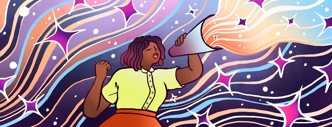 Among a background of shining waves and sparkles, a woman's voice is magnified through a megaphone and joins the rainbow fray.