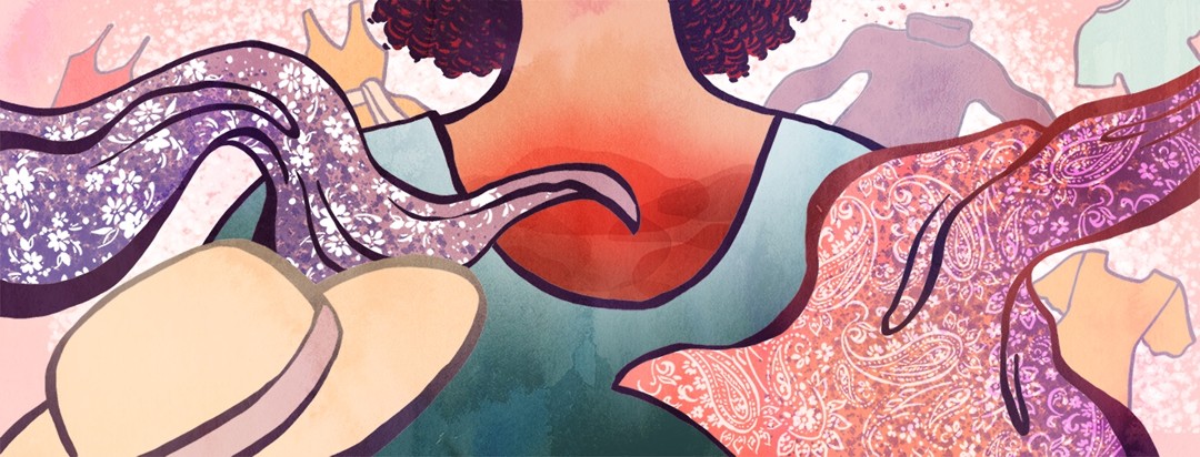 A close-up of a woman's upper body shows redness from topical chemotherapy, as scarves and different clothes float around her representing different options in her decision on whether to cover her skin or not.