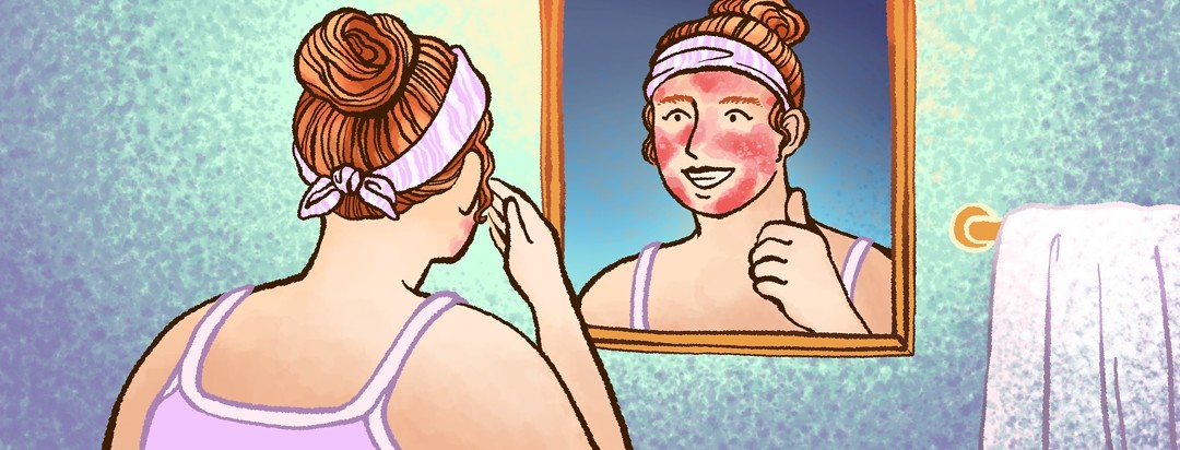 Inside a bathroom, a woman with insecure body posture looks at a mirror. Her reflection, which shows a red and blistered face from treatment, enthusiastically smiles and gives her a thumbs up.