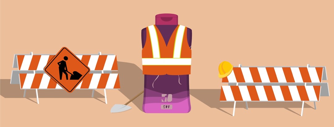 a bottle of sunscreen wearing a reflective vest doing road work