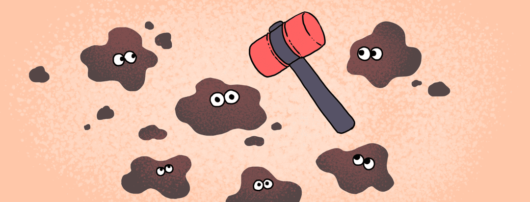 An irregular-shaped mole is whacked with a hammer as other moles look on in terror.