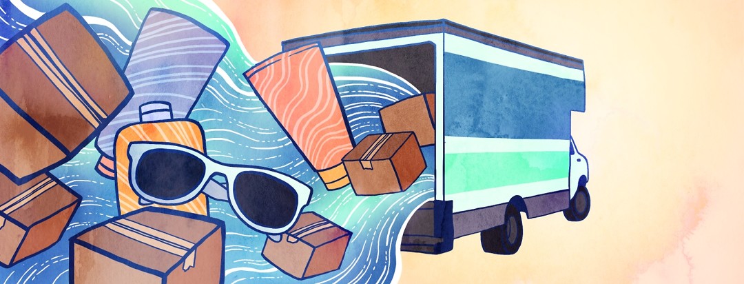 Boxes, giant bottles of sunscreen and a pair of sunglasses spill out of the back of a moving truck.