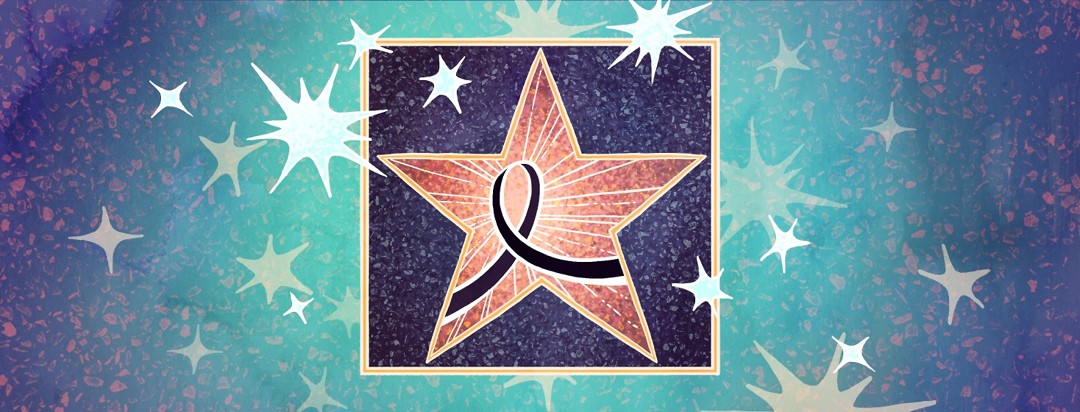 Instead of a name, a Hollywood walk of fame star contains a Skin Cancer awareness ribbon in a sparkling sky.