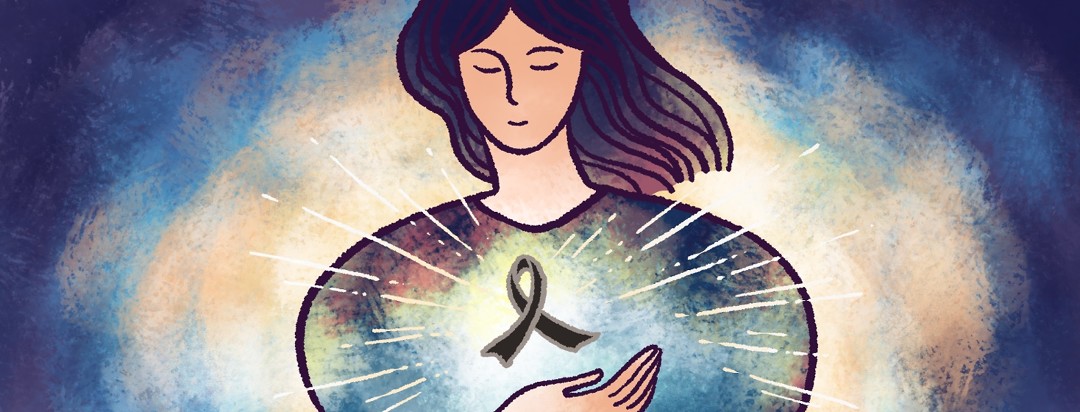 A woman holds a skin cancer awareness ribbon in her hand, which gives off a soft glowing light.