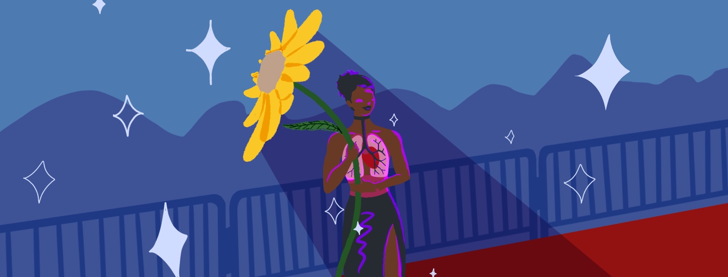 Glamorous woman on a red carpet, blocking the light with a giant flower.