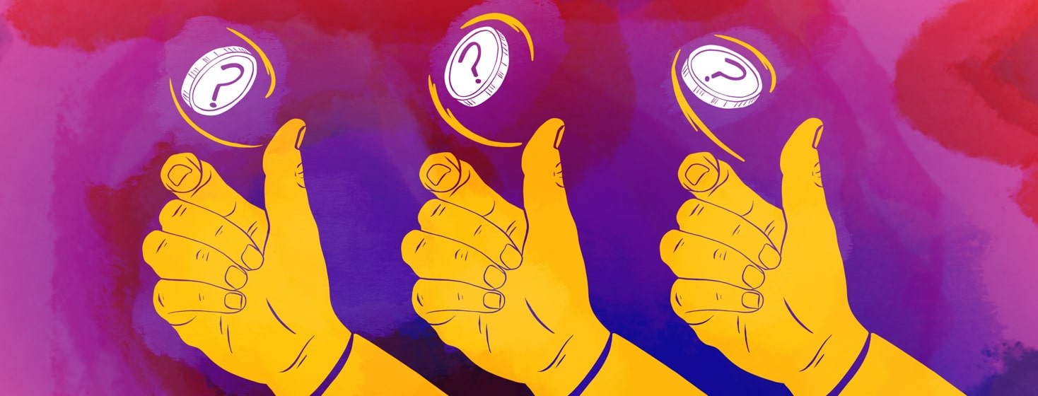 a hand flipping a coin with a question mark on it