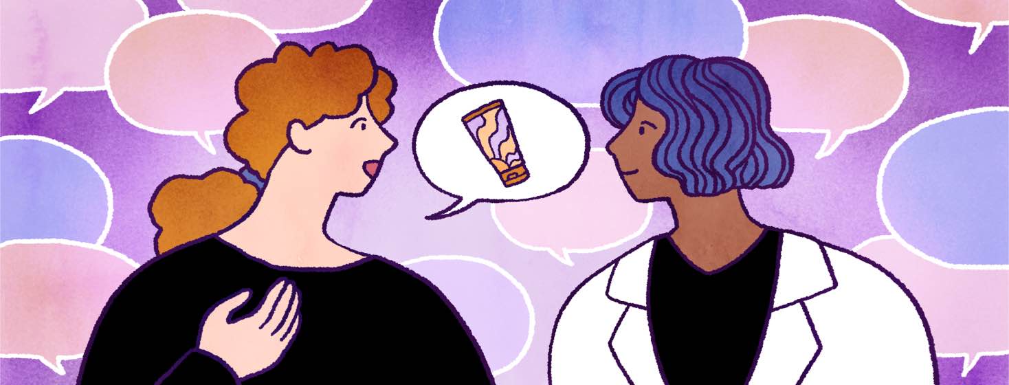 A woman talks to a dermatologist with speech bubbles all around them.