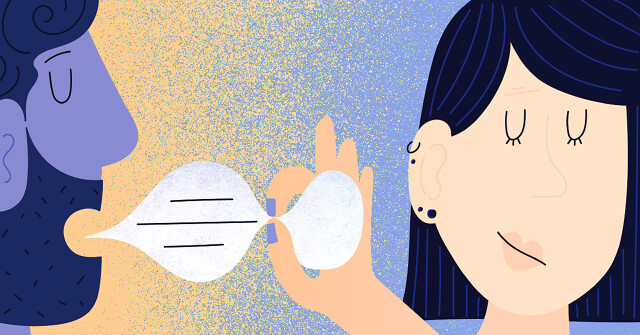 A woman pinches a speech bubble being spoken by a man.