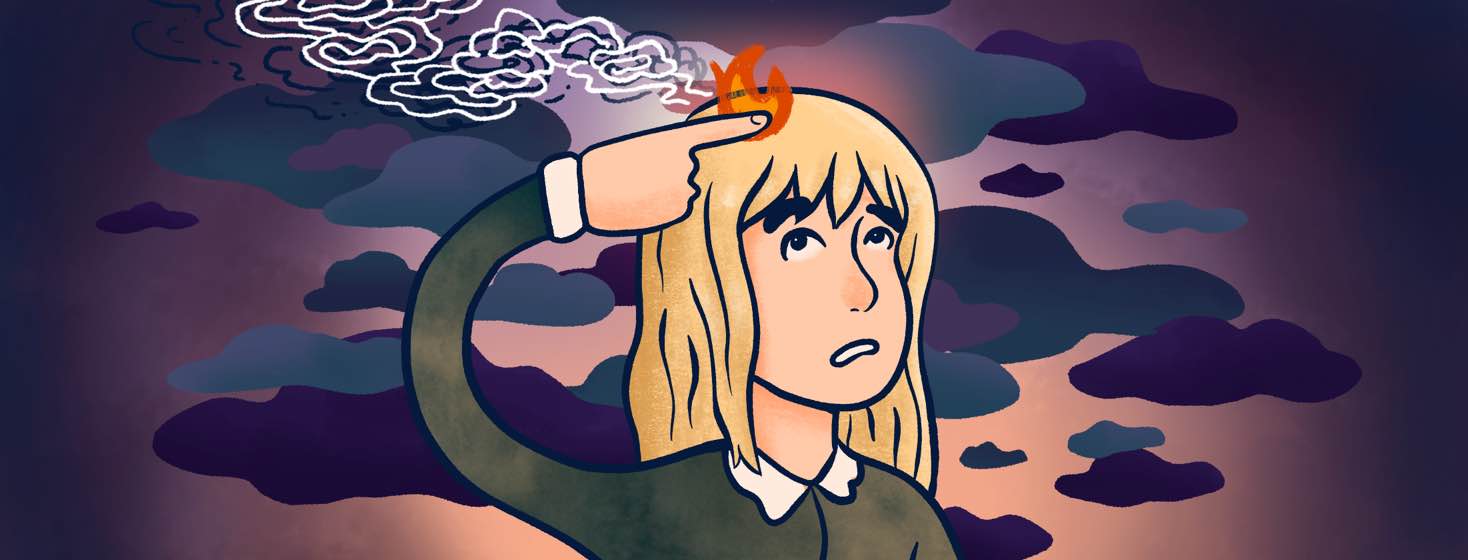 A woman points her finger at a flaming spot on her head.