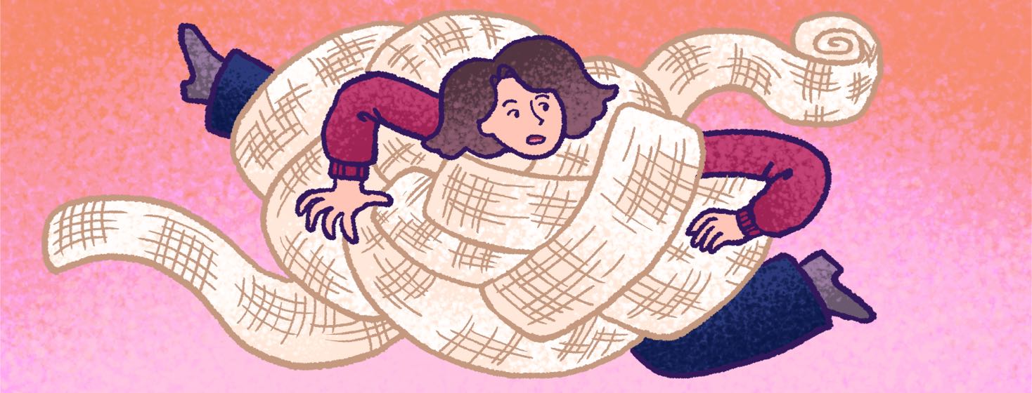 A woman is caught up in a giant tangle of gauze bandages.