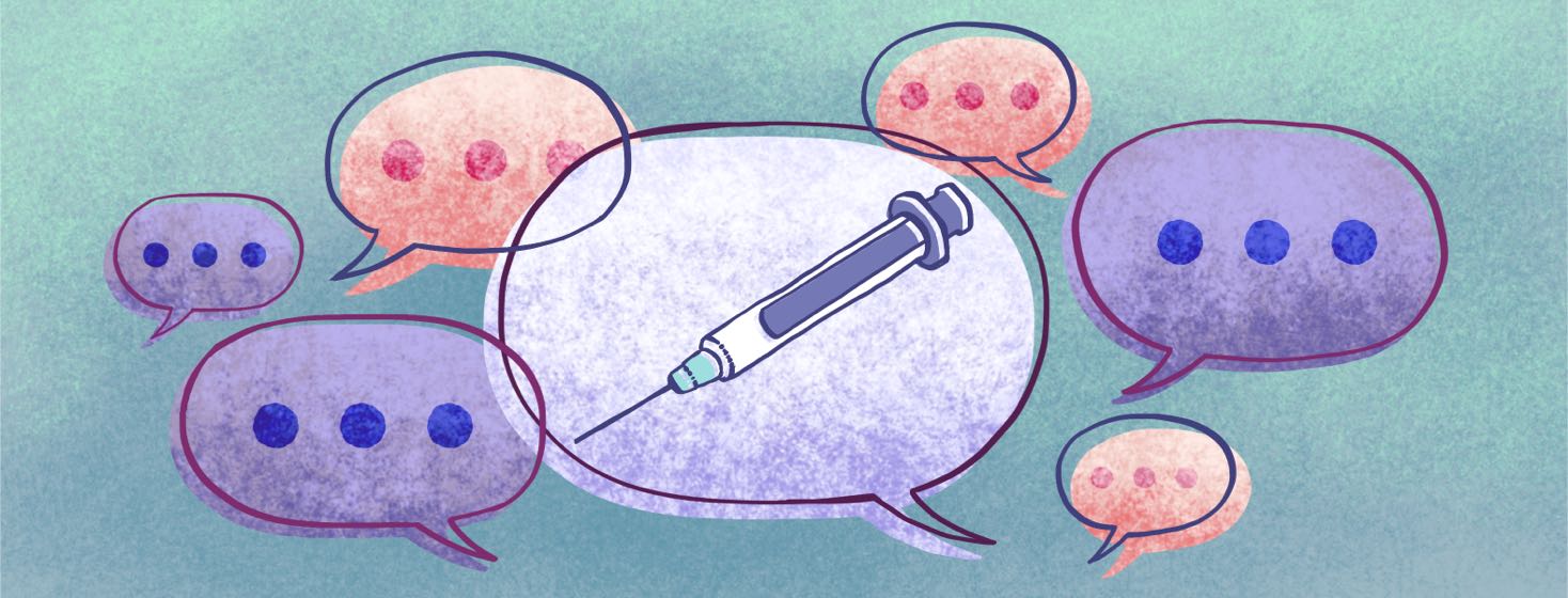 An anesthesia needle is surrounded by speech bubbles.