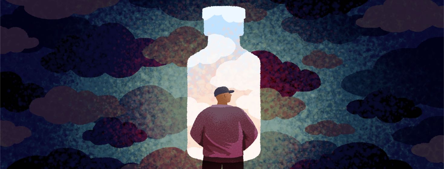 A silhouette of a vial of medication shows a bright clear sky in front of a man surrounded by dark clouds.