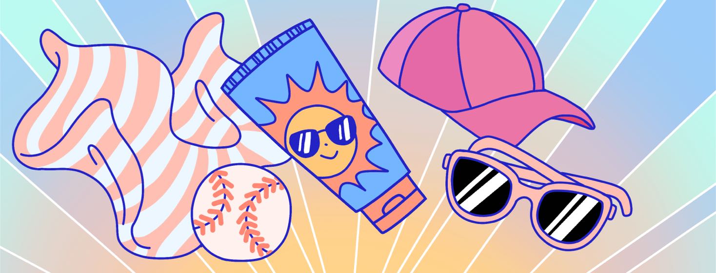 A bottle of sunscreen, sunglasses, a towel, and a hat.