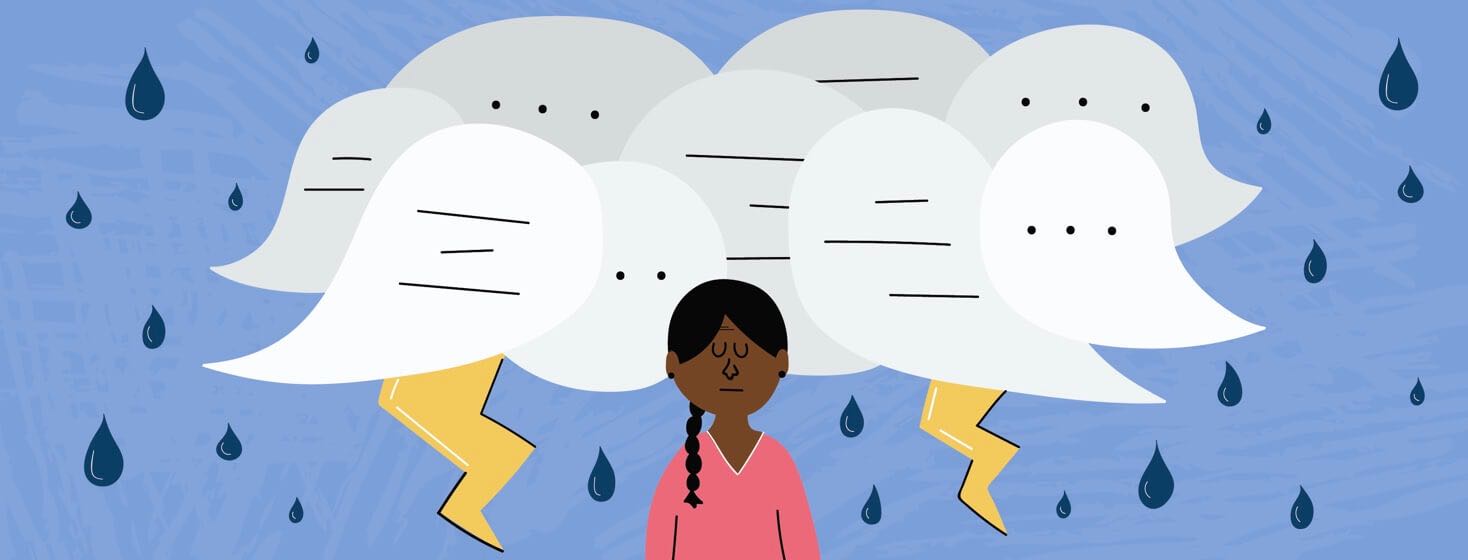 Thought bubbles and speech bubbles crowd together as storm clouds, lightning, rain, around a frowning woman.