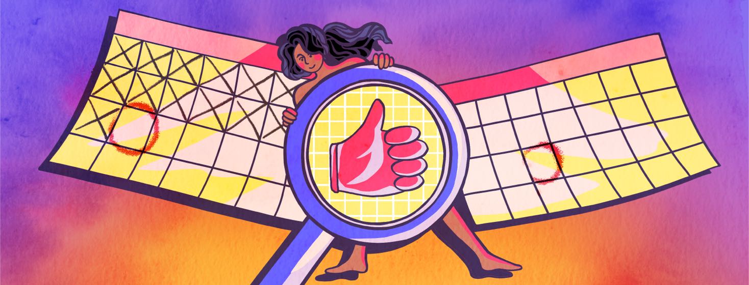 Between two calendar pages with dates circled, a woman stands behind a giant magnifying glass with a thumbs-up icon inside.