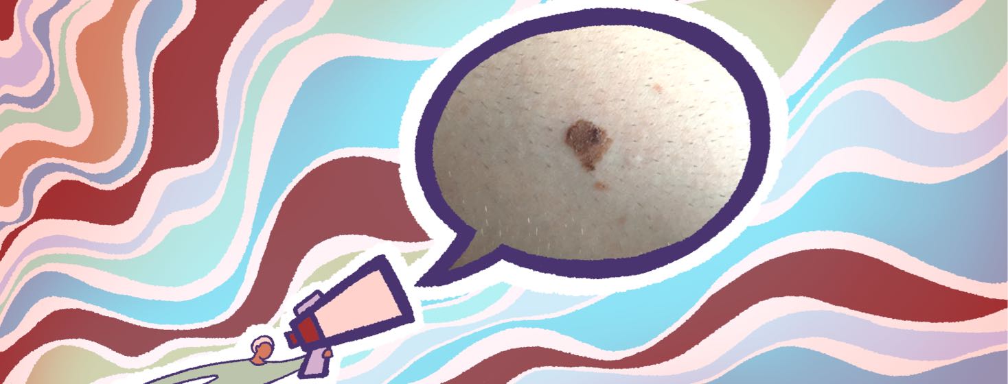 A speech bubble with a photo of melanoma emerges from a megaphone.