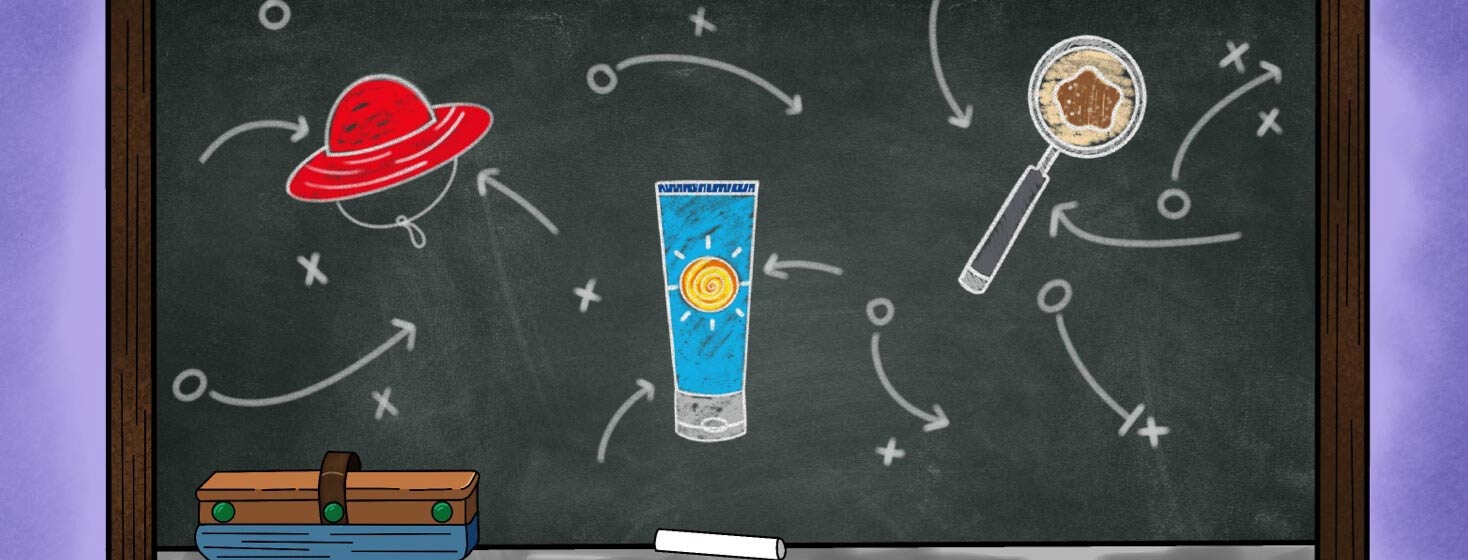 Football play filled chalkboard with a red sunhat, tube of sunscreen, and magnifying glass with a mole underneath.