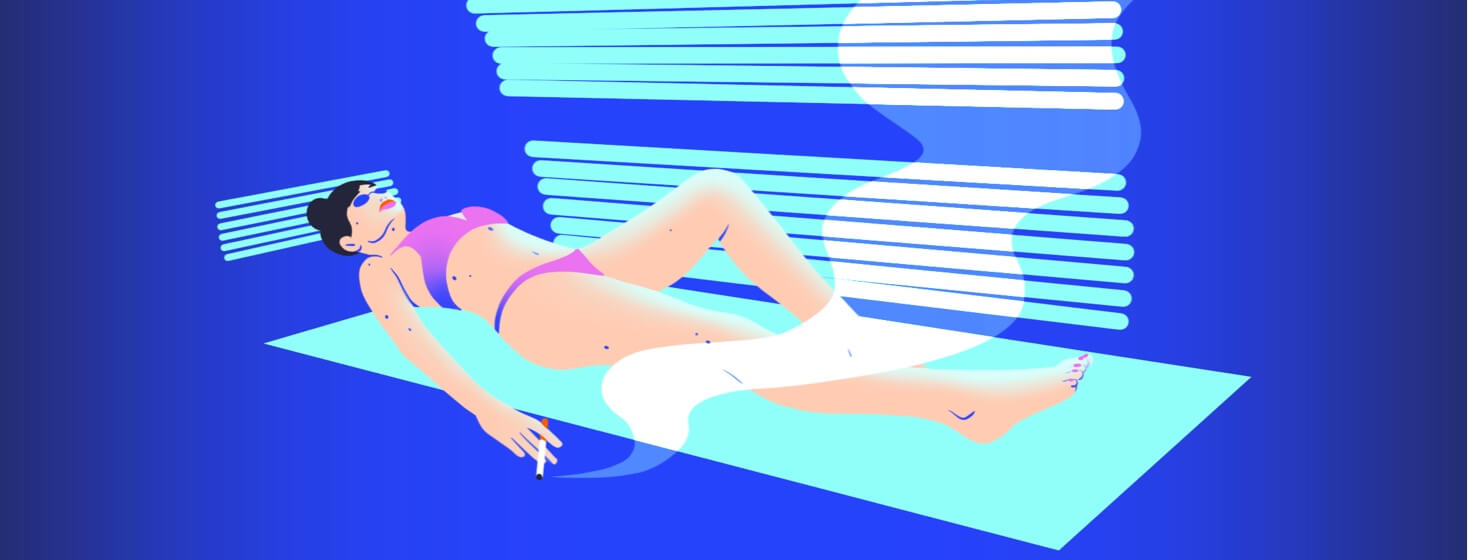 alt=a woman with moles on her body lies in a tanning bed smoking a cigarette