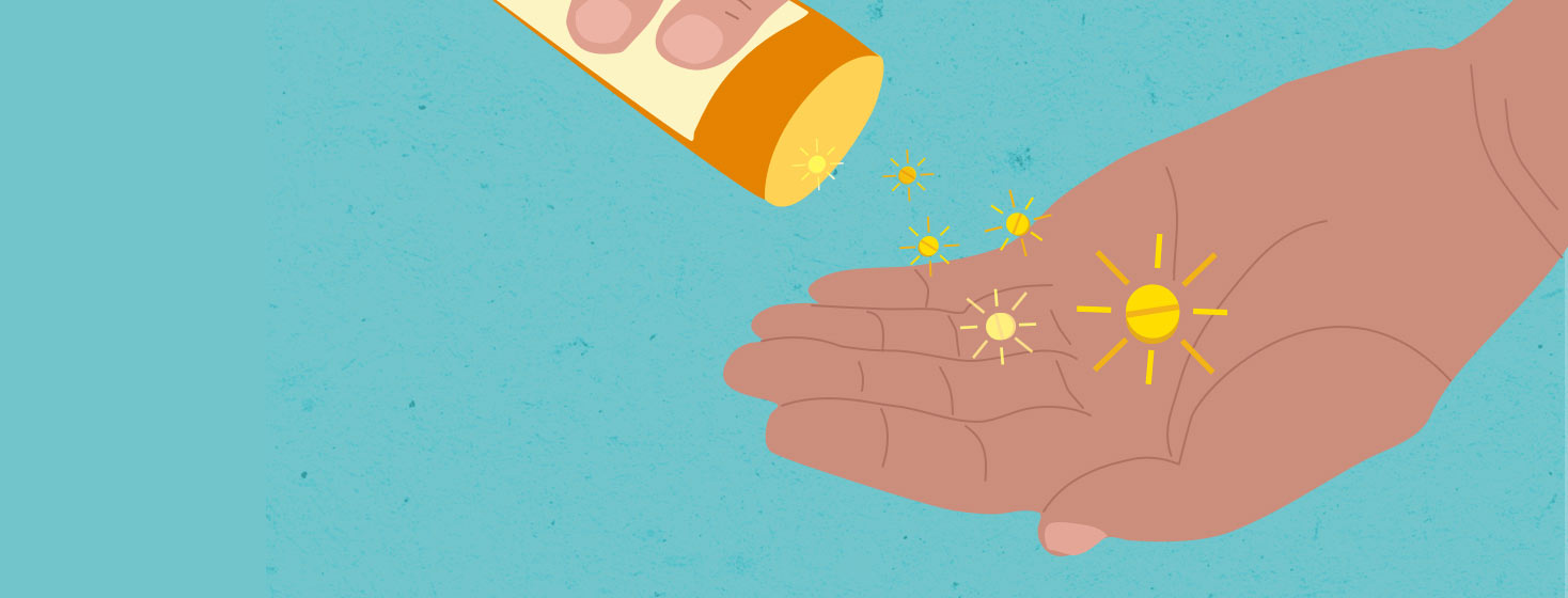A pill bottle emptying small medicine RX tablets into a hand. vitamin D, sun