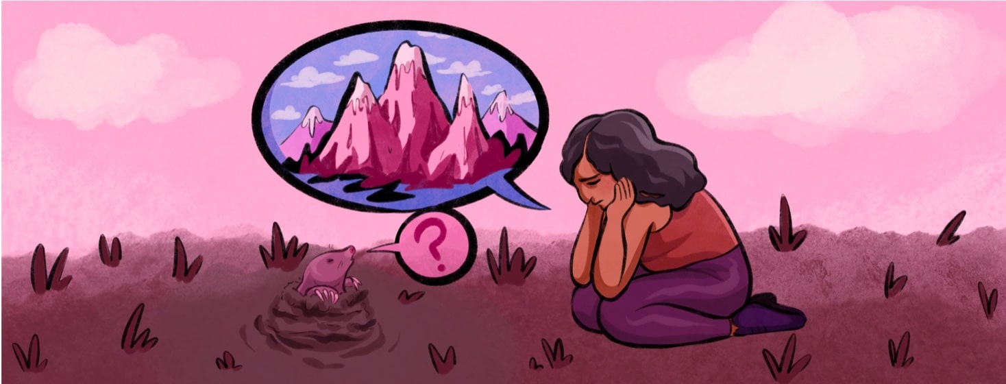 A woman sits holding her head in her hands looking very worriedly at a molehill which she sees as a mountain in front of her. Overthinking, anxiety, knowledge, informed, information, stress, mole, nature