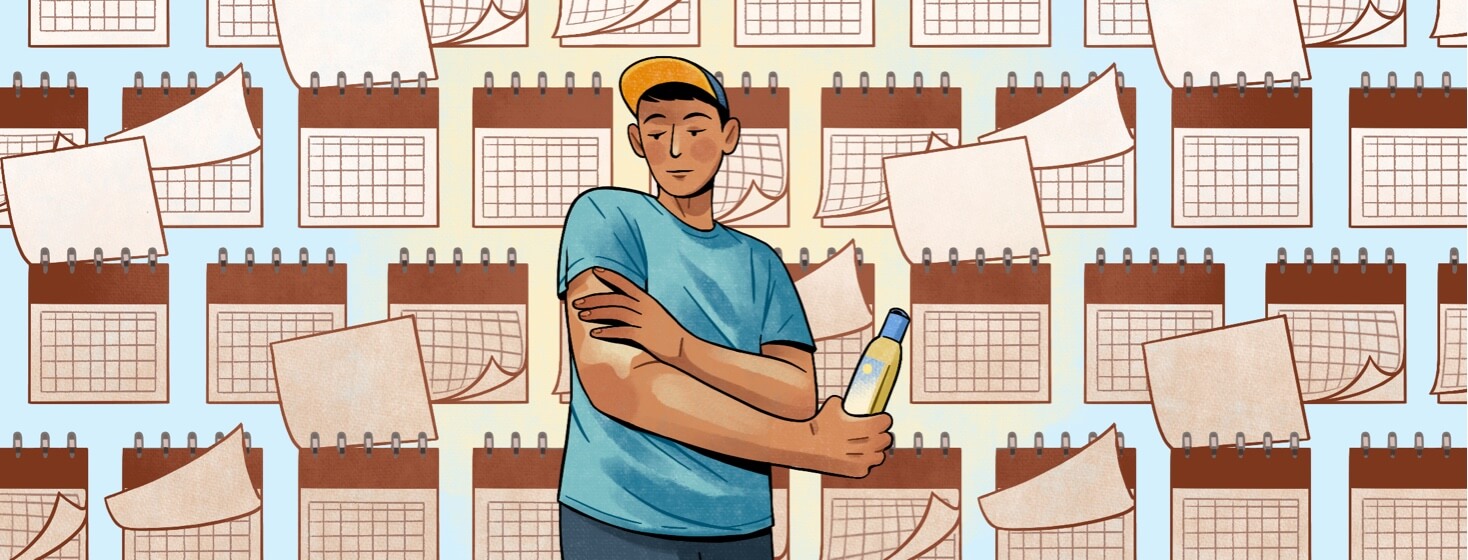 alt=a man applying sun protection on his arm and for life, as calendar pages flip behind him