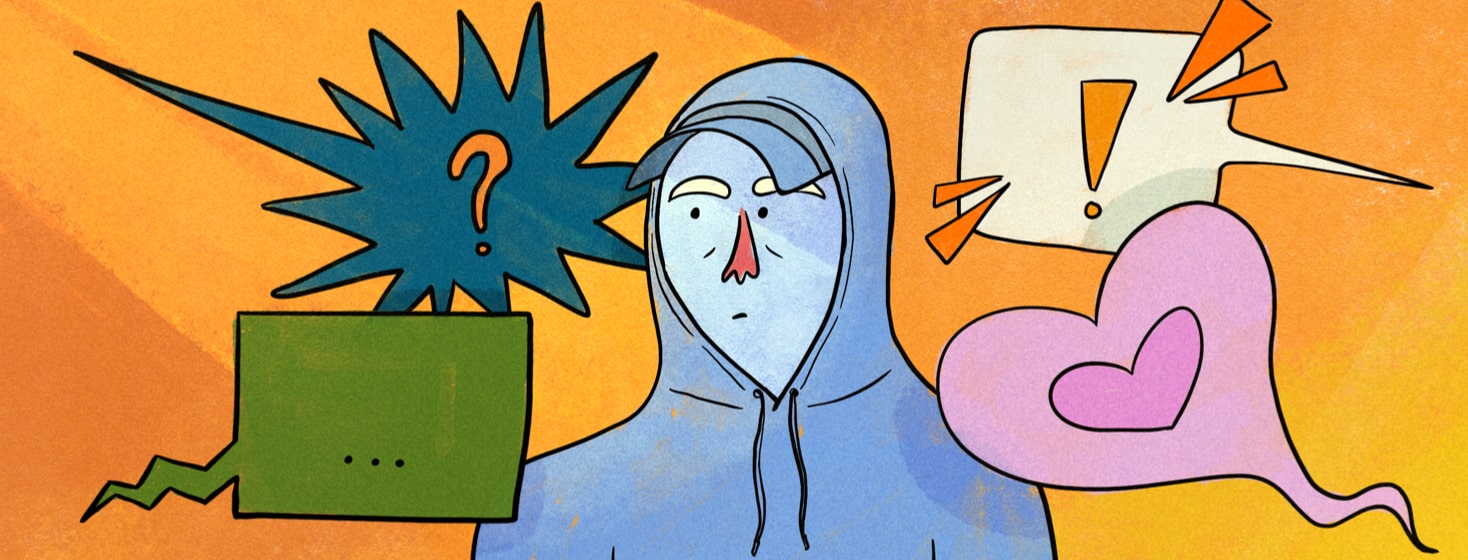Person wearing a hoodie and cap with differing speech bubbles around them