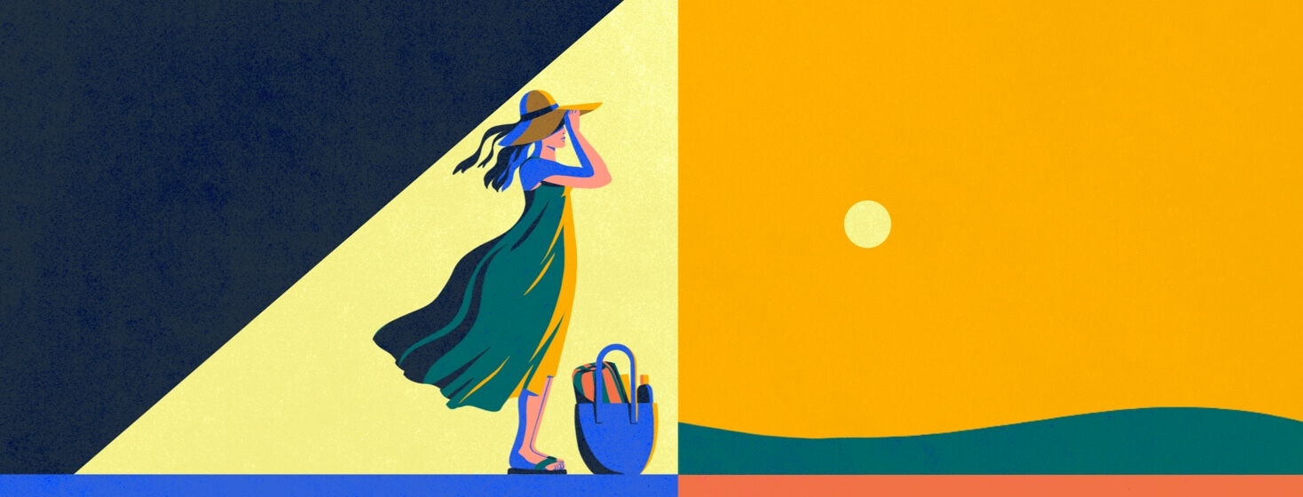 alt=a woman putting on a sunhat, preparing to walk outside into the sun