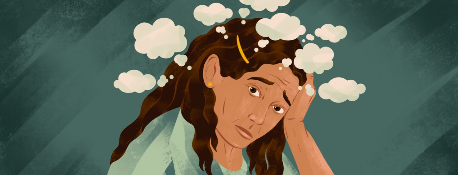 alt=a woman looking stressed and anxious with thought bubbles around her head