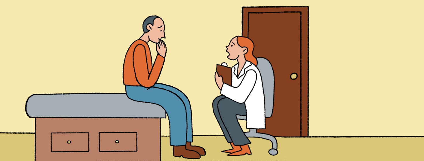 alt=a man sitting in a doctor's office, a doctor speaking to him